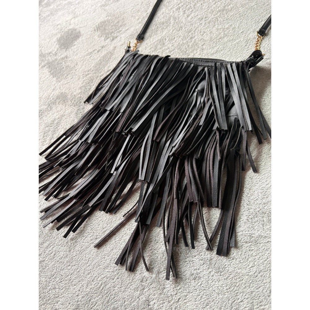 Rue21 Womens Crossbody Bag Small Black Faux Leather Fringe Western Boho Festival - Picture 3 of 14